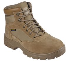 Stay protected and comfortable wearing Skechers Work Relaxed Fit Wascana - Millit WP Tactical boot. Featuring a suede, synthetic and durable mesh fabric upper in a lace-up mid calf height waterproof tactical boot with a cushioned Skechers Memory Foam insole. | Skechers Men's Work Relaxed Fit: Wascana - Millit WP Boots | Medium Width | Electrical Hazard (EH) safe design tested ASTM-F2892 | Skechers Memory Foam cushioned comfort insole | Relaxed Fit design for roomy fit at toe and forefoot | Hydro Skechers Mens Shoes, Army Shoes, Brown Work Boots, Camel Style, Fabric Boots, Skechers Memory Foam, Electrical Safety, Work Boots Men, Tactical Boots