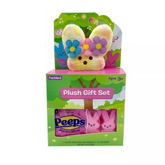 two pink peeps plush gift sets in a cardboard box with flowers on the top