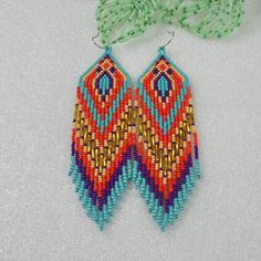 Fringe earrings ,  Long beaded  earrings ,  tribal , Ethnic , boho style , Native American Beaded Ea Long Beaded Earrings, Beaded Stuff, Beaded Earrings Tutorials, Native American Earrings, Native American Beaded Earrings, Beaded Earring, Brick Stitch Earrings, Brick Stitch Pattern, Beaded Jewellery