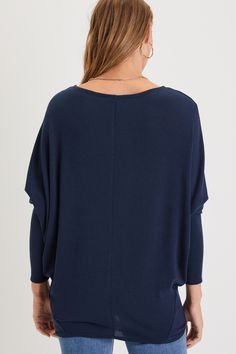 Hit up your fave cafe in the Lulus Basics Verla Navy Blue Dolman Sleeve Sweater Top! This essential, everyday top will be your new go-to thanks to its soft, lightweight knit construction, and its cozy-yet-chic slouchy fit. Long, dolman sleeves and a rounded neck finish off the laid-back look. Pair with jeans and some cute booties! Fit: This garment fits true to size. Length: Size medium measures 27.75" from shoulder to hem. Bust: Great for any cup size. Waist: Not Fitted - comfortable room throu Soft Knit V-neck Top, Casual Soft Knit Top With Batwing Sleeves, Casual Soft Knit Tops With Batwing Sleeve, Casual Soft Knit Batwing Sleeve Tops, Relaxed Fit Knit Tops With Batwing Sleeves, Casual Batwing Sleeve Sweater For Layering, Cozy Oversized Fine Knit Tops, Cozy Fine Knit V-neck Tops, Everyday Tops With Batwing Sleeves