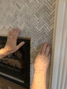 Fireplace Herringbone, Herringbone Tile Fireplace, Herringbone Fireplace, Fireplace Backsplash, Fireplace Facing, Fireplace Update, Chevron Tile