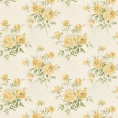 a wallpaper with yellow flowers and green leaves on white background in an upclose pattern