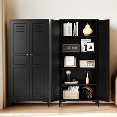 a black bookcase next to a brown chair