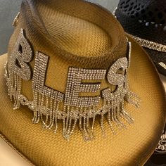 Brand New Custom Made Cowboy Hat. Blinged Out Says Blessed Decorative Hats, Cowboy Hats For Women, Western Boho Chic, Custom Outfits, Classy Hats, Diy Outfits, Diy Wings, Dope Hats, Ladies Hats