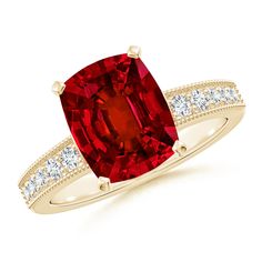 a ring with a large red stone surrounded by white diamonds on the sides and gold band