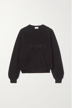 SAINT LAURENT's sweatshirt is embroidered with the label's first moniker from the '60s in tonal, metallic threads. It's cut for a relaxed fit from soft cotton-jersey and has a classic pouch pocket and crewneck. Cute Tshirt Sayings, Ysl Shirt, Embroidery On Black, Cute Tshirt Designs, Knitted Swimsuit, Bodysuit Blouse, Black Femininity, Black Embroidery, Quirky Fashion