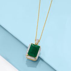 Ross-Simons - 5.50ct Emerald, .25ct t. w. Diamond Pendant Necklace in 14kt Yellow Gold. 18". Emerald lovers will appreciate the value of this impressive jewel. Our pendant necklace frames a 5.50 carat emerald with .25 ct. t. w. round brilliant-cut diamonds. Set in polished 14kt yellow gold with white rhodium around the diamonds to enhance their sparkle and create a two-tone look. Suspends from a rope chain with a lobster clasp. Diamond and emerald pendant necklace. Emerald birthstones are the pe Elegant Green Necklace With Pave Setting, Fine Jewelry Emerald Necklaces With Diamond Accents, Exquisite Emerald Cut Diamond Necklace, Formal Diamond Necklace For May Birthstone, Green Hallmarked Diamond Necklace Fine Jewelry, Classic Emerald Necklace With Diamond Accents For Formal Occasions, Classic Emerald Necklace With Diamond Accents For Formal Events, Fine Jewelry Green Diamond Necklace For Anniversary, Fine Jewelry Diamond Necklace With Gemstone For Formal Occasions