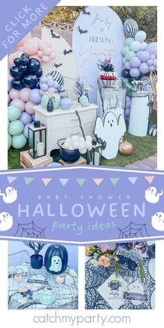 a halloween party with balloons, decorations and other items on the table is featured in this collage