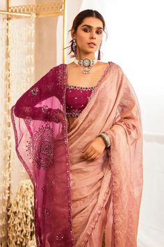 Mauve pre-draped saree with scallop embroidered border. Paired with resham, dabka, sequin, moti, crystal embellished padded blouse and stole. - Aza Fashions Bollywood Style Embellished Festive Pre-draped Saree, Anarkali Style Embellished Pre-draped Saree In Tissue Silk, Traditional Embellished Tissue Silk Pre-draped Saree, Traditional Embellished Pre-draped Saree For Festive Season, Traditional Pre-draped Organza Saree With Mirror Work, Embellished Anarkali Tissue Silk Pre-draped Saree, Anarkali Style Embellished Tissue Silk Pre-draped Saree, Embellished Organza Pre-draped Saree For Diwali, Dola Silk Pre-draped Saree With Sheer Dupatta For Diwali