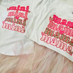 Mommy and me matching shirts. Leopard print and various shades of pink! Comes on white cotton shirts. Made upon order. Pink Fun Top With Text Print, Pink Family Matching Graphic T-shirt, Family Matching Pink T-shirt With Letter Print, Pink Custom Print T-shirt For Family Matching, Pink Family Matching T-shirt With Letter Print, Cute Pink T-shirt With Custom Print, Cute Pink Shirt With Text Print, Pink Summer Tops With Name Print, Pink Family Matching Shirt For Summer