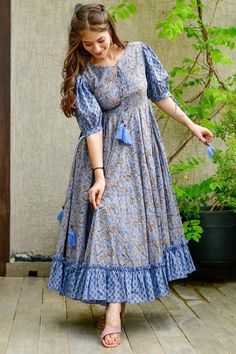 Cotton Silk Gown in Blue with Digital Print work Frock Designs For Women, Kurti Wedding, Wedding Bollywood, Simple Frock Design, Long Frock Designs, Long Gown Design, Simple Frocks, Cotton Gowns, Gaun Fashion