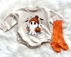 Halloween Ghost Graphic is perfect for any baby girl or Baby Boy this Halloween season. The bubble romper is super soft cotton. You can either get the romper only or you can add the socks from the drop down menu  HOW TO ORDER  *  Select your options from the Drop Downs *  ADD TO CART If you have any questions or need a different design on the romper, please message us for details. Long Sleeve Cotton Onesie For Halloween, Cute Cotton Halloween Onesie, Clothes Country, Sweatshirt Romper, Baby Clothes Country, Halloween Cute Ghost, Ghost Graphic, Baby Bubble Romper