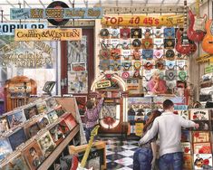 a man standing in front of a store filled with lots of items and posters on the wall