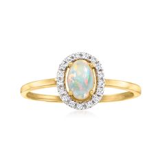 Ross-Simons - Opal Ring with Diamond Accents in 10kt Yellow Gold. Size 7. Canaria fine jewelry. Perfect for everyday wear, these genuine 10kt gold wardrobe essentials are fashionable, fun and designed to last a lifetime. Strong and durable, our collection of gold classics is always a great value. This kaleidoscopic ring features a shimmery 6x4mm oval opal cabochon framed by sparkling diamond accents. Crafted in polished 10kt yellow gold. 3/8" wide. Opal ring. Opal birthstones are the perfect gif Gold Wardrobe, Opal Birthstone, Bezel Engagement Ring, Ring Opal, Perfect Gif, Engagement Rings Opal, Fine Jewelery, Sparkling Diamond, Yellow Gold Jewelry