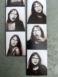 four black and white photos of women with glasses on them, one has her mouth open