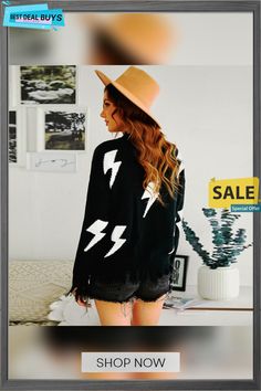 Long Sleeve Lightning Pattern Sweater Women Casual Hem Tassel Round Neck Pullover Sweater Long Sleeve Sweater With Frayed Hem For Fall, Fall Long Sleeve Sweater With Frayed Hem, Casual Fall Sweater With Tassels, Trendy Fringe Sweater For Fall, Fall Tassel Long Sleeve Sweater, Winter Long Sleeve Tops With Frayed Hem, Long Sleeve Sweater With Frayed Hem For Winter, Long Sleeve Winter Tops With Frayed Hem, Casual Fringe Sweater For Fall