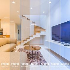 a living room filled with furniture and a flat screen tv mounted on a wall next to a stair case