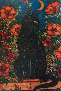 a black cat sitting on top of a wooden table next to flowers and a moon