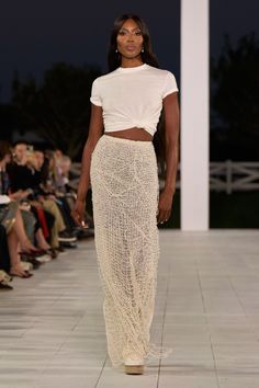 Ralph Lauren White Dress, Ss25 Runway, Ralph Lauren Resort, Boat Outfit, 2025 Spring, Blue Slip Dress, Boat Life, Slinky Dress, Jeans Models