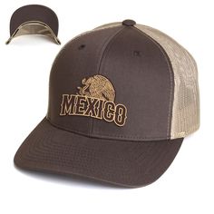 Our Mexico Patch Hat features a natural leather patch with a classic Mexican flag-inspired design. Grab yours today and show the world your love for Mexico. Patch Details:Laser engraved on natural leatherAttached to the hat with high-quality rivets Hat Details:ADJUSTABLE SNAPBACK:- Visor: Flat Bill, Green Bottom- Profile: High- Crown: 3 3/4"- Panels: 6 TRUCKER SNAPBACK- Visor: Curved, Single Color- Profile: Medium- Crown: 3 1/2"- Panels: 5 FLEXFIT (Fitted)- Visor: Flat Bill, Single Color- Profil Classic Brown Adjustable Trucker Hat, Classic Adjustable Brown Trucker Hat, Country Style Brown Baseball Cap With Flat Brim, Brown Flat Brim Country Baseball Cap, Classic Brown Trucker Hat With Flat Brim, Country Style Brown Flat Brim Baseball Cap, Brown Flat Brim Country Style Baseball Cap, Classic Brown Trucker Hat For Outdoor, Brown Country Style Baseball Cap With Curved Brim