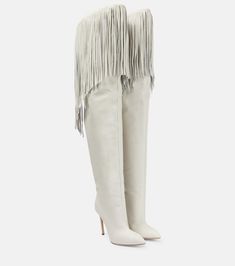 Fringed leather over-the-knee boots in white - Paris Texas | Mytheresa Chic Fringe Boots For Party, Leather Pointed Toe Boots With Fringe, Party Boots With Fringe And Pointed Toe, Pointed Toe Party Boots With Fringe, Chic Fringe Boots For Winter, Elegant Fringe Boots For Party, Elegant Fringe Party Boots, Spring Fringe Boots With Pointed Toe, Fall Fringe Fitted Boots