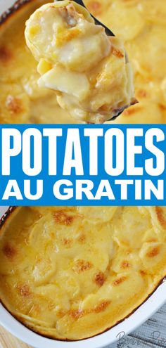 a close up of a spoon with food in it and the words potatoes au gratine