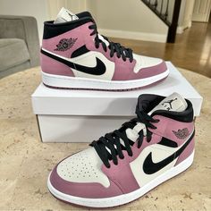 Women’s Air Jordan 1 Mid Size 11 Light Mulberry/ Black Pink Mid-top Custom Sneakers With Contrast Sole, Nike Pink High-top Jordan Shoes, Pink Mid-top Jordan Shoes With Boost Midsole, Pink Mid-top Jordan Shoes For Streetwear, Pink Leather High-top Sneakers With Cushioned Footbed, Nike Low-top Pink Jordan Shoes, Nike Pink High-top Sneakers With Boost Midsole, Nike Cortez Vintage, Nike Jordan Air 1