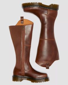 Doc Marten Amaayah Knee High Leather Boots in Butterscotch - Orleans $220 Doc Martens Knee High Boots, Knee High Brown Leather Boots, Knee High Boots Uk, 2976 Chelsea Boots, Brown Leather Knee High Boots, Chelsea Boots Heel, Patent Boots, Doc Marten, Leather Knee High Boots