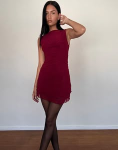 Renata Asymmetrical Mini Dress in Burgundy Mesh Elegant Mini Hem Bodycon Dress For Party, Chic Mini Hem Bodycon Party Dress, Chic Mini Hem Bodycon Dress For Party, Elegant Bodycon Dress With Mini Hem For Date Night, Elegant Mini Hem Bodycon Dress For Date Night, Evening Mini Dress With Sheer Back And Stretch, Fitted Mini Dress With Sheer Back For Cocktail, Fitted Mesh Dress With Sheer Back In Mini Length, Stretch Mini Dress With Sheer Back For Night Out