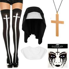 PRICES MAY VARY. Cotton Nun costume accessories set: the Halloween nun costume set includes 1 piece of nun costume hat, 1 piece of gold cross pendant necklace and 1 pair of cross print stockings, and 1 sheets of horror nun face sticker,allowing you to dress up as a nun at Halloween party Reliable materials: the nun costume hat and stockings are both made of polyester fabric, The gold cross necklace is made of plastic, durable and not easy to fade, very comfortable to wear, fit firmly and don't s Rhinestone Tattoo, Nun Halloween Costume, Nun Halloween, Temporary Face Tattoos, Nun Costume, Cross Pendent, Festival Atmosphere, Halloween Elements, Rave Costumes