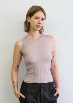 The ella is a sheer ribbed tank with a crew neckline. very stretchy.    please note that this garment is very delicate. handle and wear with care. Dove Grey, Ribbed Tank, Knee Length Skirt, Womens Tank, Crew Neckline, Dresses For Sale, Final Sale, Knee Length, Skirt