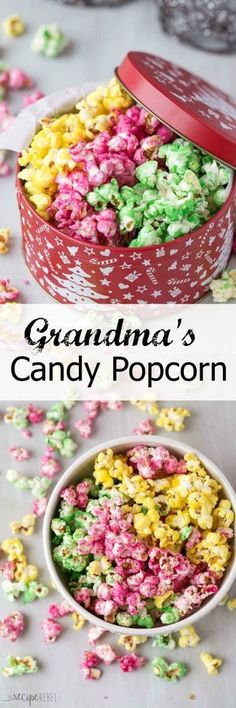 a bowl filled with colorful candy popcorn on top of a table