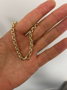 "14K Yellow Gold Oval Link Bracelet, 7.50\" Inch, 6.2mm Thick, Real Gold Bracelet, Rolo Gold Bracelet, 14K Oval Bracelet, Women Gold Bracelet High quality, elegant and shiny Oval Link Bracelet. Crafted from guaranteed 100% 14K Gold. Width: 6.2 MM Length: 7.50\" Weight : 5.80 Gram Closure: Lobster Claw Metal: 14K Yellow Gold Hollow Gold Bracelet SHIPPED FROM NEW YORK CITY FREE SHIPPING on all orders 30 Day Return Hassle Free Weight is approximate and may not be always exactly as stated At GoldMan Elegant Oval Bracelet With Rolo Chain, Elegant Oval Bracelets With Rolo Chain, Elegant Oval Rolo Chain Bracelet, Classic Oval Cable Chain Bracelets, Oval Polished Finish Chain Bracelet As Gift, Gold Sterling Silver Oval Link Bracelet With Polished Finish, Gold Sterling Silver Oval Link Bracelet, Oval Polished Chain Bracelet As Gift, Oval Polished Chain Bracelet Gift