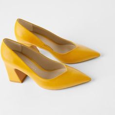 Brand New & Unworn 100% Genuine Leather Mustard Yellow Summer Court Shoes With 4-inch Heel For Office, Yellow Court Shoes For Spring, Yellow Almond Toe Court Shoes For Formal Occasions, Yellow Court Shoes For Spring Formal Occasions, Yellow Court Shoes For Spring Formal Events, Elegant Yellow Court Shoes For Spring, Summer Court Shoes With Stacked Heel For Office, Summer Office Court Shoes With 4-inch Heel, Yellow Closed Toe Formal Court Shoes