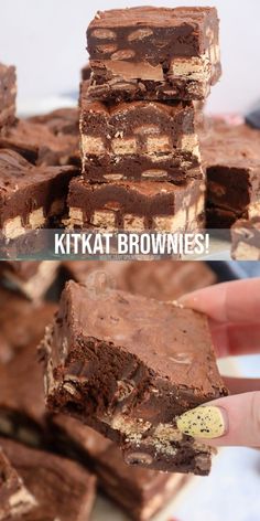 chocolate brownies stacked on top of each other with the words kitkat brownies