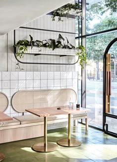 the interior of a restaurant with two benches and plants hanging on the wall above them