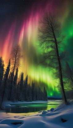 an aurora bore is seen in the sky above snow covered trees and frozen water at night