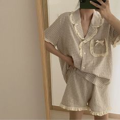 Brand Name: RomildiMaterial: CottonMaterial: PolyesterCollar: Turn-down CollarLength: ShortsPattern Type: PlaidSleeve Length(cm): ShortSeason: summerObscene Picture: NoGender: WOMENItem Type: PajamasSexually Suggestive: NoThickness: NormalMaterial Composition: Polyesterstyle: Koreanstyle1: cuteitem: home suitseason: spring summer Casual Beige Set For Sleepover, Kawaii Sets For Pajama Party In Summer, Kawaii Pajama Party Sets For Summer, Beige Casual Pajama Party Sets, Casual Beige Pajama Party Sets, Casual Beige Sets For Pajama Party, Casual Ruffled Sets For Pajama Party, Casual Ruffled Sleepwear For Pajama Party, Kawaii Summer Sets