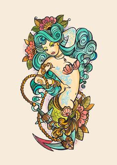 a drawing of a woman with blue hair and flowers on her body, holding an anchor