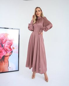 Fraise Silk Long Sleeve Maxi Dress Elegant Pink Long Sleeve Dress For Winter, Elegant Long Sleeve Pink Dress For Winter, Pink Long Sleeve Non-stretch Maxi Dress, Pink Non-stretch Long Sleeve Maxi Dress, Spring Satin Long Sleeve Dress, Solid Satin Dresses For Fall, Solid Color Long Sleeve Satin Midi Dress, Fitted Long Sleeve Silk Satin Dress, Solid Long Sleeve Satin Midi Dress