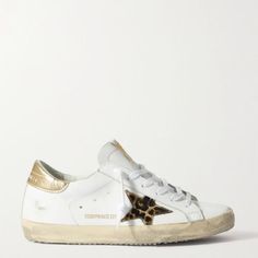 Superstar Distressed Leopard-Print Calf Hair-Trimmed Leather Sneakers - White Golden Goose Platform, Shoes Golden Goose, Bday Wishes, Preppy Shoes, Goose Shoes, Golden Goose Shoes, Dream Shoes, Calf Hair, Golden Goose