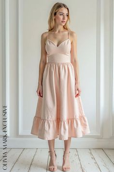 Olivia Mark - Elegant Blush Midi Dress with Ruffled Hemline and Sweetheart Neckline Blush Midi Dress, Flowing Skirt, Daily Dress, An Article, Fitted Bodice, Olivia Mark, Ruffle Hem, Sweetheart Neckline, Timeless Beauty