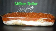 a close up of food on a plate with the words million dollar spagettti