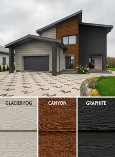 modern home with gray, white, and brown exterior siding colors Modern Siding Ideas, Siding Ideas, Exterior House Remodel, Cabin Exterior, Home Exterior Makeover