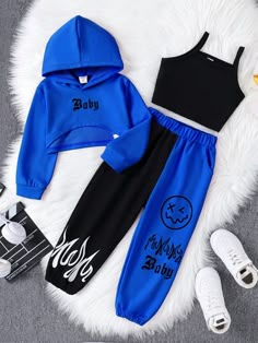 Young Girl Letter Graphic Crop Hoodie & Sweatpants & Cami Top Royal Blue Casual  Long Sleeve Fabric Cartoon,Colorblock,Letter  Medium Stretch  Young Girls Clothing, size features are:Bust: ,Length: ,Sleeve Length: Cute Outfits For Seven Year Olds, Blue Sporty Sets For Streetwear, Blue Sporty Streetwear Sets, Trendy Winter Sets With Letter Print, Trendy Letter Print Sets For Winter, Clothes For 13 Yrs Old Girl, Blue Baddie Outfits, Cropped Hoodie Outfit, Crop Top Fits