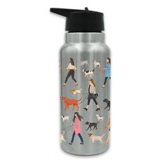 a stainless steel water bottle with dogs and people all over it, on a white background