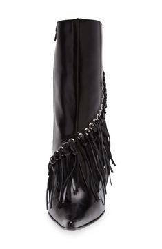 Show off the best kind of fringe benefits in this sleek pointy toe boot that levels up the cool factor of any look. 3 3/4" heel 6 1/2" shaft Leather upper/leather and textile lining/synthetic sole Imported Chic Fringe Boots For Party, Pointed Toe Party Boots With Fringe, Party Boots With Fringe And Pointed Toe, Elegant Fringe Boots For Party, Elegant Fringe Party Boots, Leather Pointed Toe Boots With Fringe, Chic Black Boots With Fringe, Pointy Toe Boots, Pointed Toe Boots