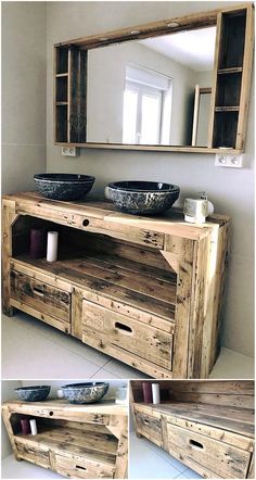 a wooden dresser with two bowls on top and one bowl in the middle, next to a mirror