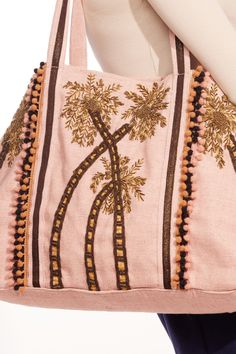 Oversized shoulder tote bag with embroidered palm trees. Embroidered Tote Beach Bag, Chic Embroidered Tote Shoulder Bag, Embroidered Double Handle Vacation Bags, Embroidered Tote Beach Bag For Shopping, Paris Olympics, Shoulder Tote Bag, Shoulder Tote, Palm Trees, Burlap Bag