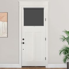 an empty room with a white door and potted plant